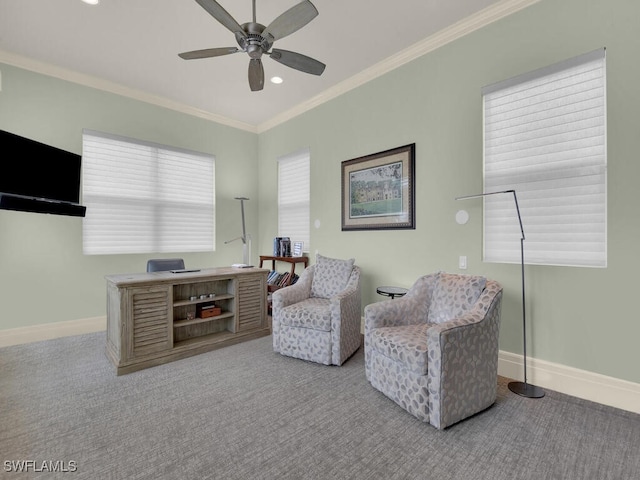 7627 Palmer Ct, Naples, FL 34113 - sitting room with ceiling fan, baseboards, ornamental molding, and carpet floors