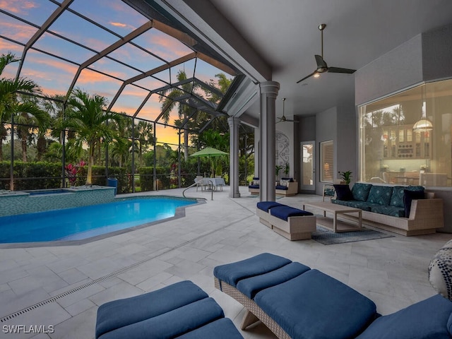 7627 Palmer Ct, Naples, FL 34113 - outdoor pool with an outdoor living space, a ceiling fan, a patio, and glass enclosure