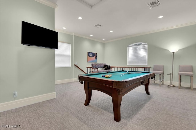 7627 Palmer Ct, Naples, FL 34113 - recreation room featuring ornamental molding, visible vents, baseboards, and light carpet