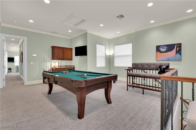 7627 Palmer Ct, Naples, FL 34113 - playroom with crown molding, light colored carpet, visible vents, baseboards, and billiards