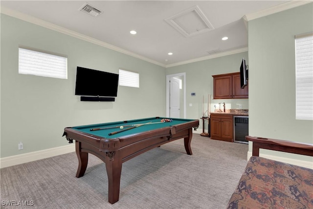 7627 Palmer Ct, Naples, FL 34113 - playroom featuring light carpet, crown molding, baseboards, and billiards