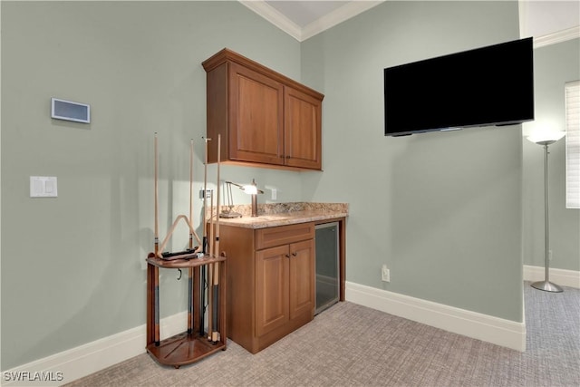 7627 Palmer Ct, Naples, FL 34113 - bar with light carpet, wine cooler, baseboards, and ornamental molding