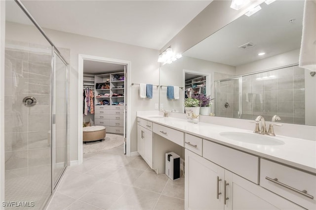 bathroom featuring a stall shower, a walk in closet, a sink, and double vanity