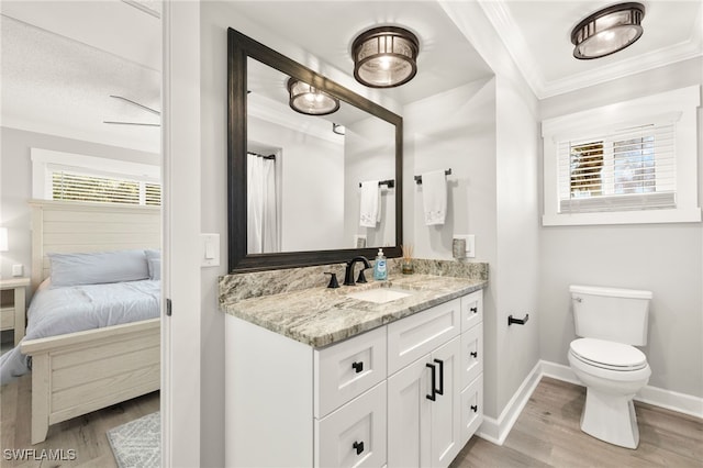 bathroom with plenty of natural light, wood finished floors, and ornamental molding