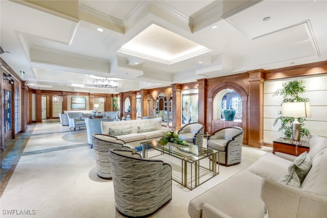 living area featuring coffered ceiling, crown molding, ornate columns, beam ceiling, and recessed lighting