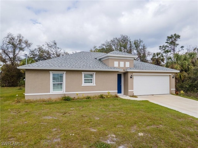 ranch-style home featuring a garage, a front yard, and stucco siding