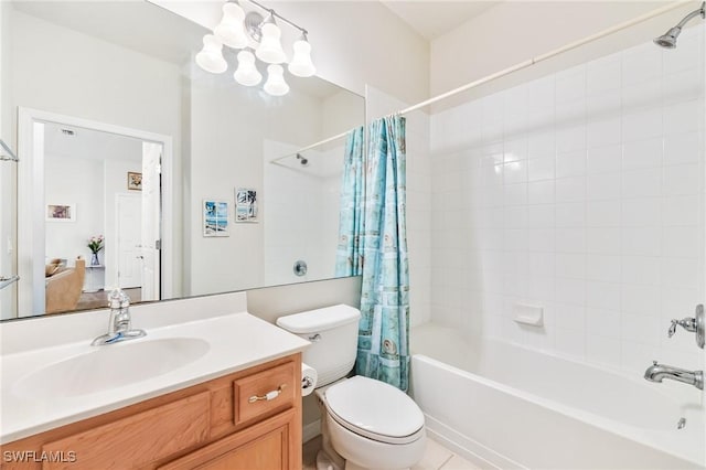 full bathroom featuring toilet, shower / bath combo with shower curtain, and vanity