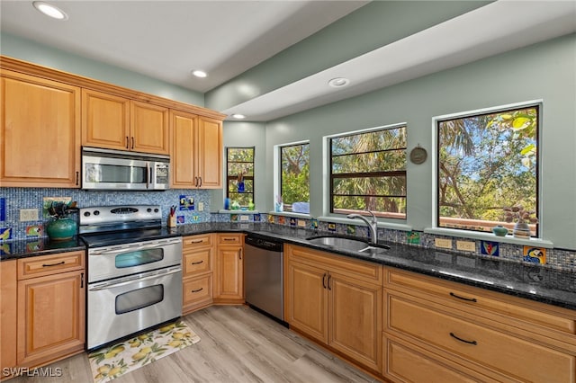 kitchen featuring dark stone counters, appliances with stainless steel finishes, a sink, and decorative backsplash