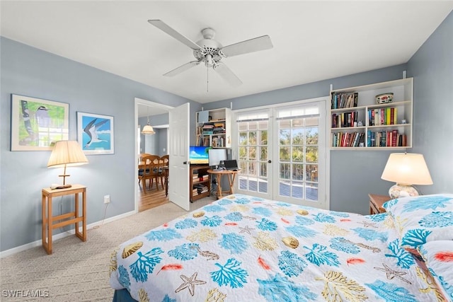 bedroom featuring french doors, a ceiling fan, carpet flooring, access to outside, and baseboards