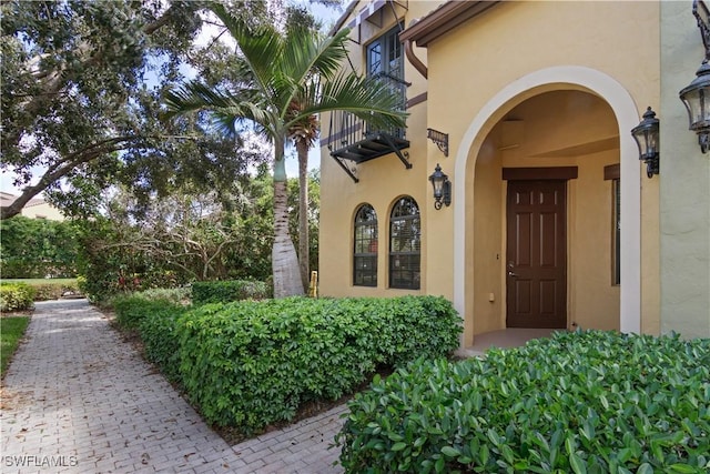 doorway to property featuring stucco siding