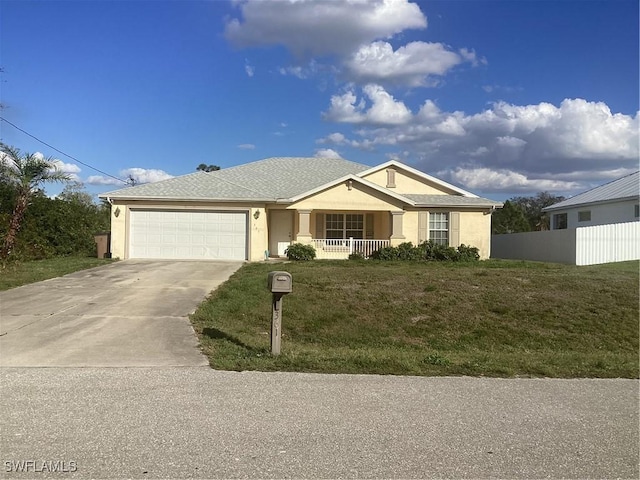 ranch-style home featuring a garage, concrete driveway, covered porch, and stucco siding