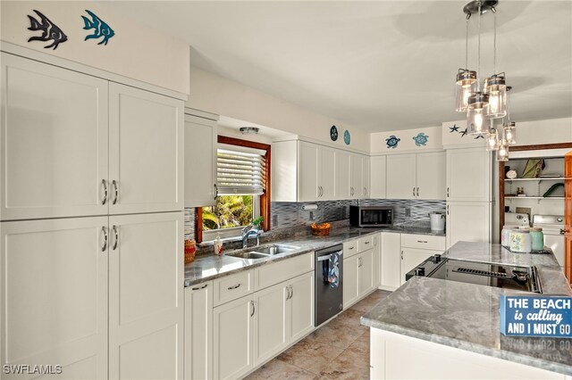 kitchen featuring a sink, white cabinetry, decorative backsplash, dishwasher, and decorative light fixtures