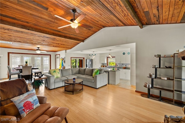 living area featuring lofted ceiling, wooden ceiling, ceiling fan, and light wood finished floors