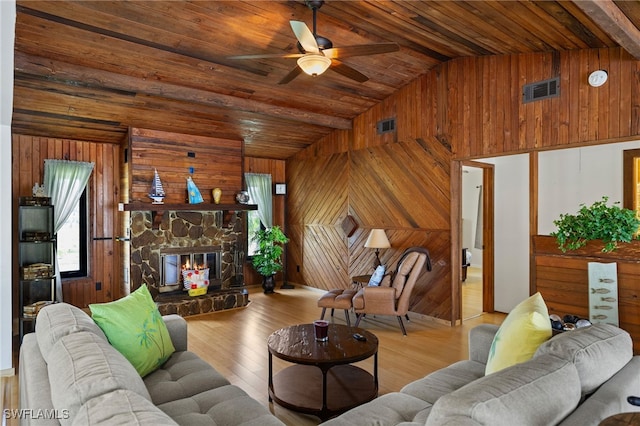 living area featuring wooden ceiling, a fireplace, and wood walls