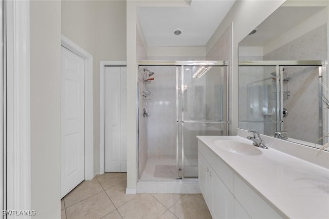 bathroom featuring a closet, a shower stall, vanity, and tile patterned floors