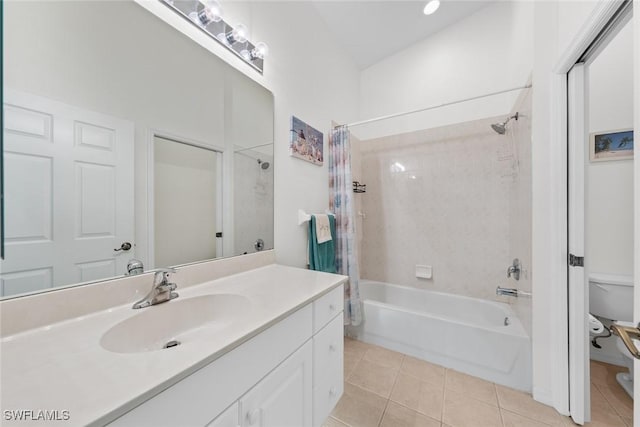 bathroom featuring toilet, tile patterned flooring, shower / bath combo with shower curtain, and vanity