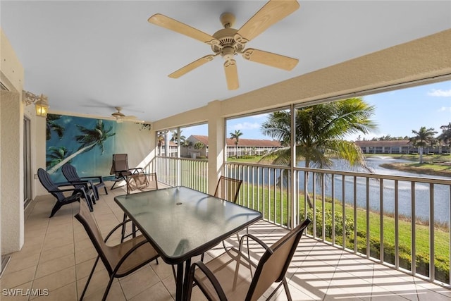 sunroom / solarium featuring a water view