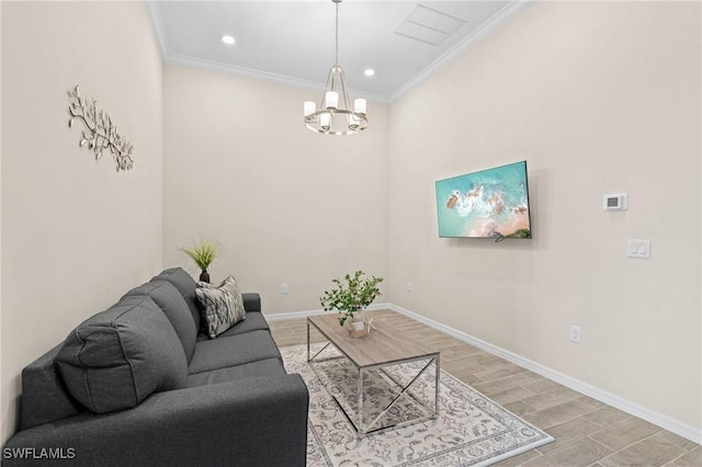 living area with baseboards, crown molding, light wood-style floors, a notable chandelier, and recessed lighting