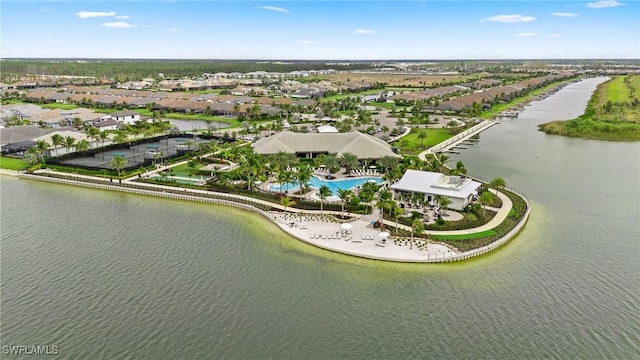 aerial view featuring a water view and a residential view