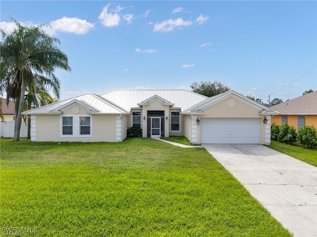 ranch-style house featuring an attached garage, a front lawn, concrete driveway, and stucco siding