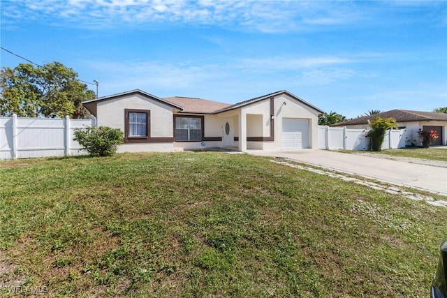 single story home featuring stucco siding, fence, a garage, driveway, and a front lawn