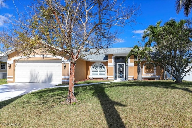 ranch-style house featuring driveway, stucco siding, an attached garage, central AC, and a front yard