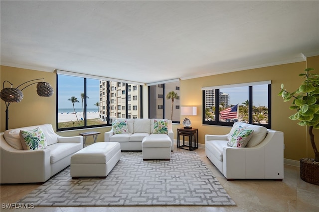 living area featuring crown molding, a water view, baseboards, and a healthy amount of sunlight