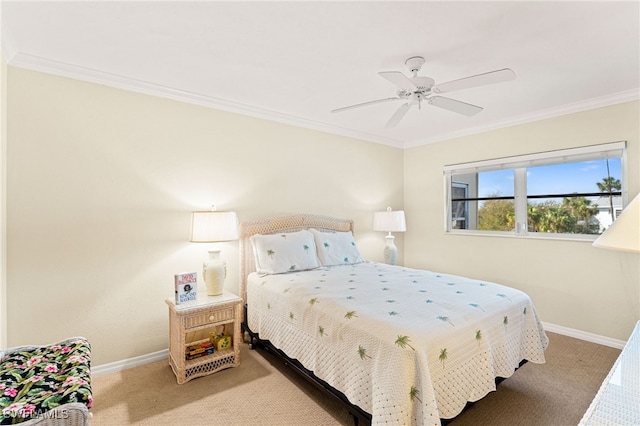 bedroom with carpet, crown molding, and baseboards