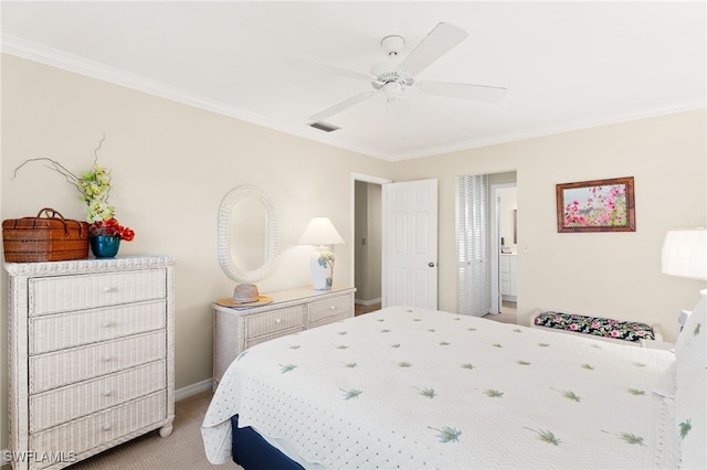 bedroom featuring light colored carpet, visible vents, ornamental molding, a ceiling fan, and baseboards