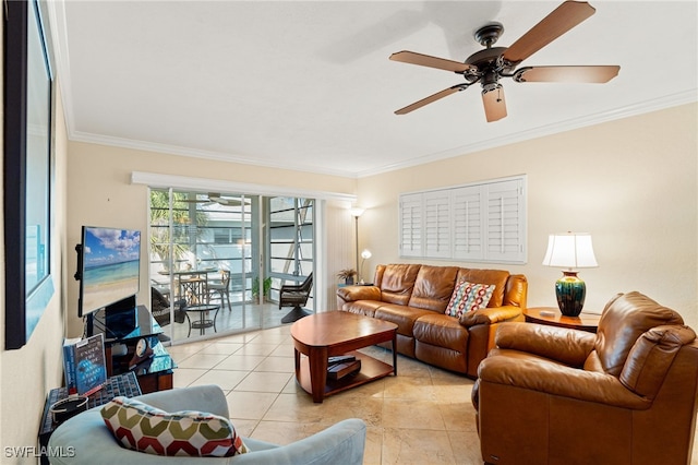 living area featuring light tile patterned floors, ceiling fan, and ornamental molding