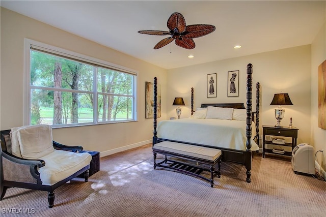 bedroom featuring carpet floors, baseboards, a ceiling fan, and recessed lighting