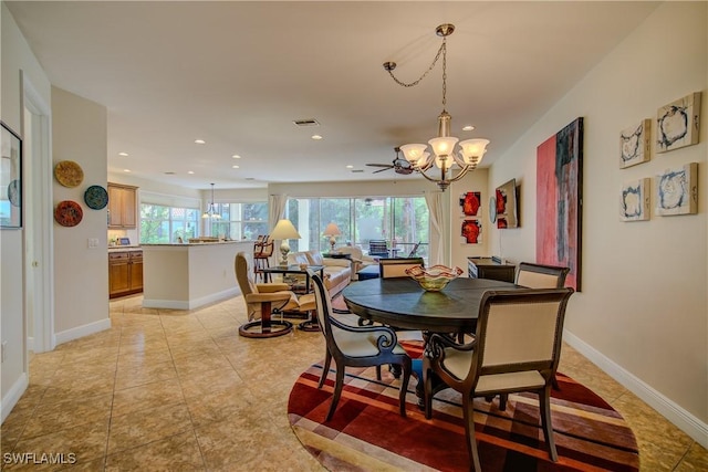 dining room with recessed lighting, baseboards, visible vents, a notable chandelier, and light tile patterned flooring