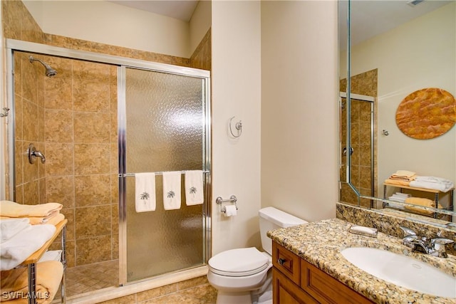 full bathroom with toilet, a shower stall, and vanity