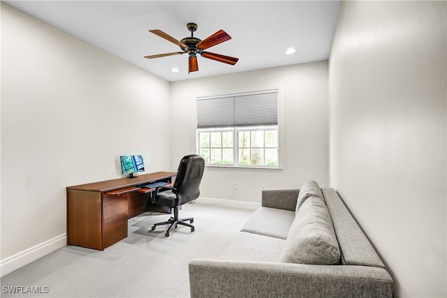 carpeted home office featuring ceiling fan, baseboards, and recessed lighting