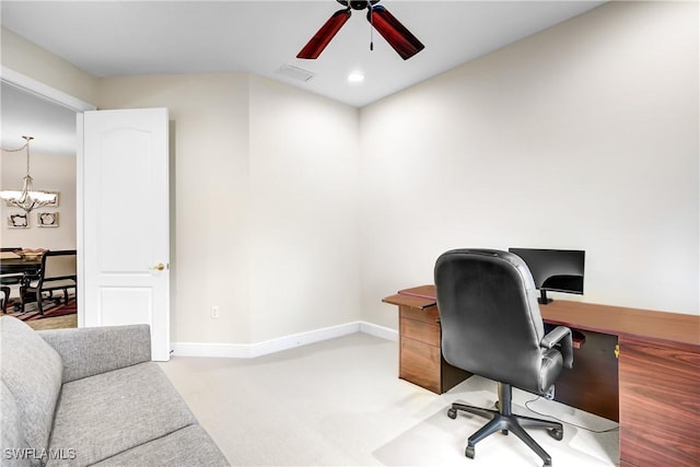 carpeted office with recessed lighting, visible vents, baseboards, and ceiling fan with notable chandelier