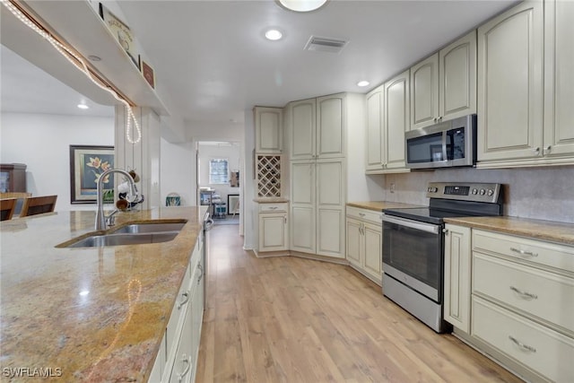 kitchen with cream cabinetry, visible vents, appliances with stainless steel finishes, light wood-style floors, and a sink