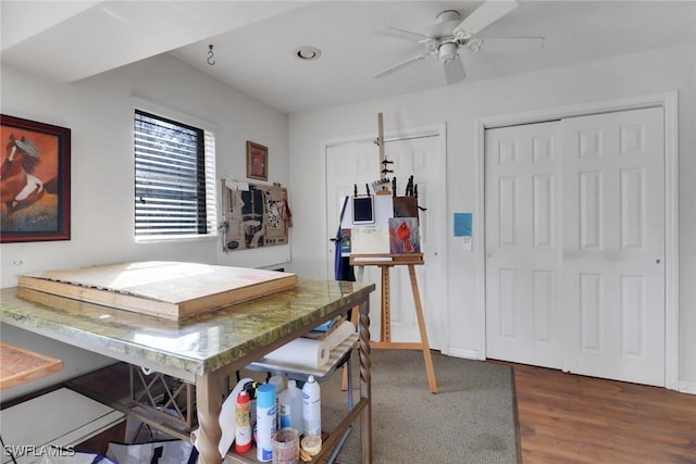 dining room with ceiling fan and dark wood-style flooring