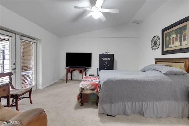 bedroom with visible vents, light colored carpet, lofted ceiling, ceiling fan, and access to exterior