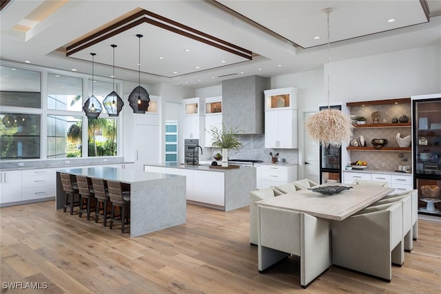 kitchen with a raised ceiling, light wood finished floors, modern cabinets, and a large island with sink