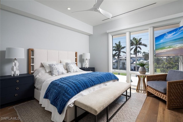 bedroom featuring recessed lighting, wood finished floors, and ceiling fan