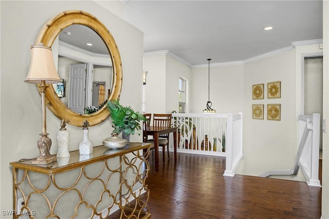 22810 Sago Pointe Dr Unit 2403, Estero, FL 34135 - hall featuring an upstairs landing, wood finished floors, ornamental molding, baseboards, and recessed lighting