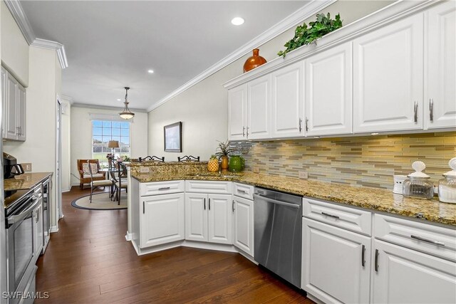22810 Sago Pointe Dr Unit 2403, Estero, FL 34135 - kitchen featuring appliances with stainless steel finishes, a peninsula, white cabinetry, ornamental molding, and dark wood-style floors