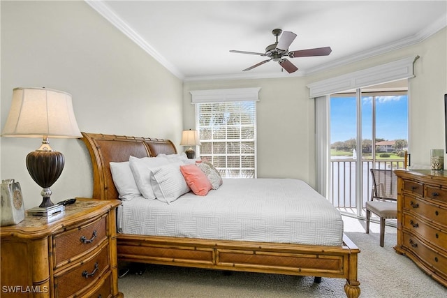 22810 Sago Pointe Dr Unit 2403, Estero, FL 34135 - bedroom with carpet flooring, access to outside, crown molding, and a ceiling fan