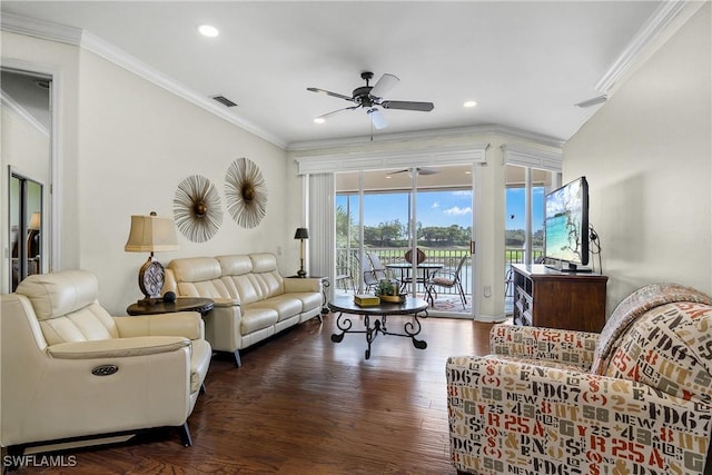 22810 Sago Pointe Dr Unit 2403, Estero, FL 34135 - living room featuring ornamental molding, ceiling fan, wood finished floors, and recessed lighting