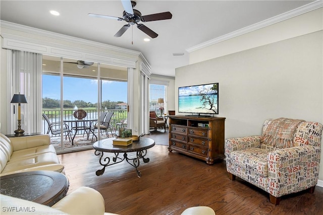 22810 Sago Pointe Dr Unit 2403, Estero, FL 34135 - living area featuring ornamental molding, wood finished floors, ceiling fan, and recessed lighting