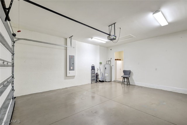 garage with water heater, baseboards, electric panel, and a garage door opener