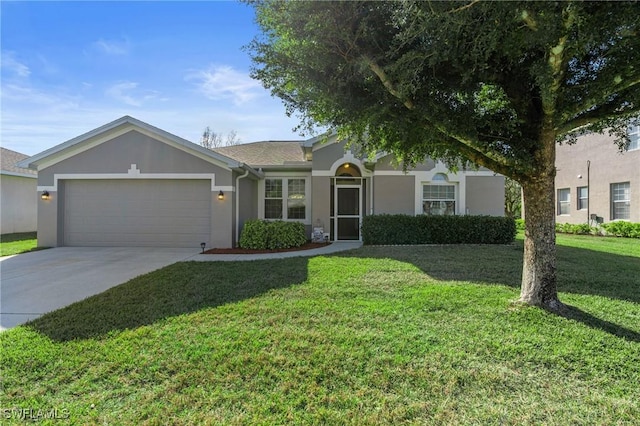 ranch-style home featuring an attached garage, driveway, a front lawn, and stucco siding