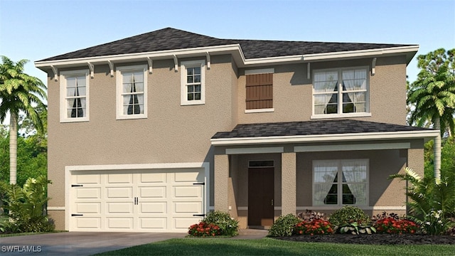 view of front of property with a garage, a shingled roof, driveway, and stucco siding