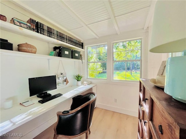 office area with light wood-type flooring, baseboards, built in study area, and beam ceiling