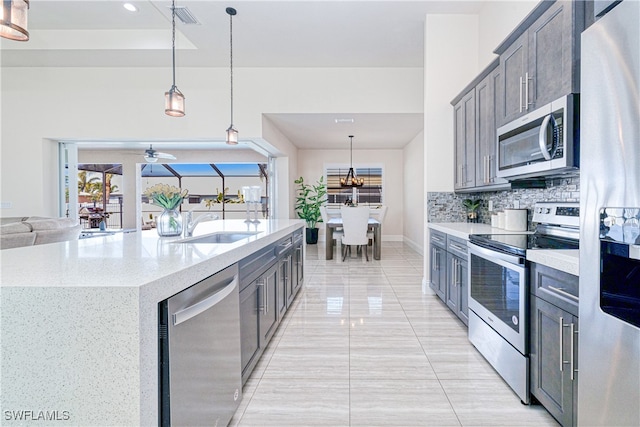 kitchen featuring decorative light fixtures, a center island with sink, tasteful backsplash, appliances with stainless steel finishes, and open floor plan